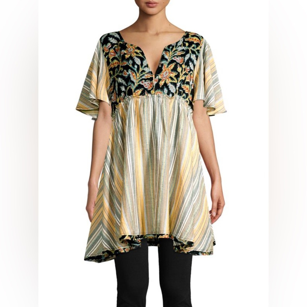 Free People Under the Sun Striped V-Neck Tie Back Striped Tunic Top Size Medium